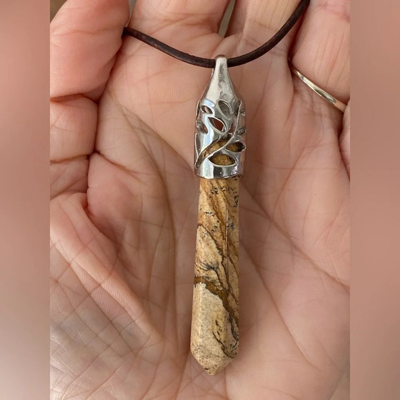 Handmade Picture Jasper Obelisk Pendant Leather Slider Necklace - Picture 1 of 4